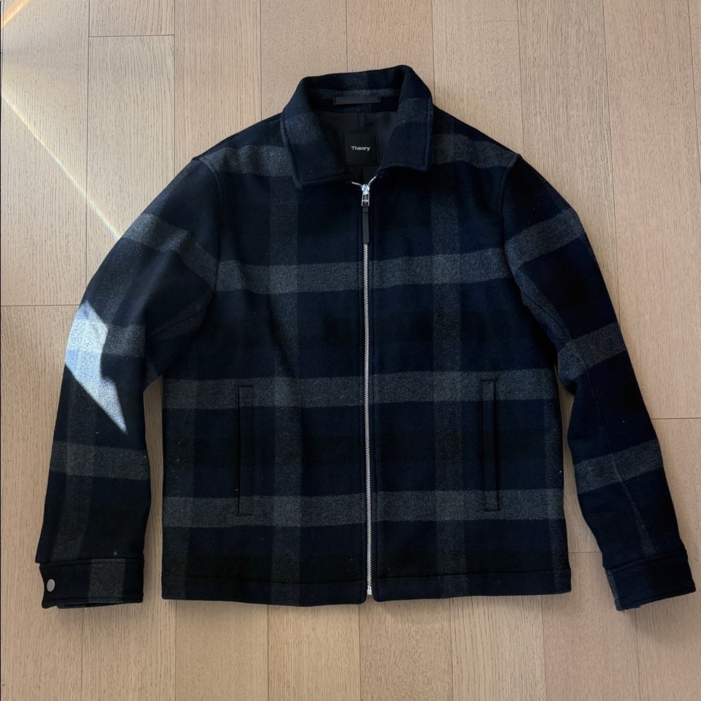 Theory Navy and Gray Plaid Wool Jacket